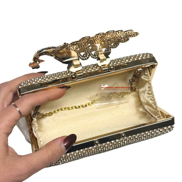 Gold Rhinestone Evening Clutch Peacock Clasp Elegant Formal Purse NWT - Picture 9 of 16